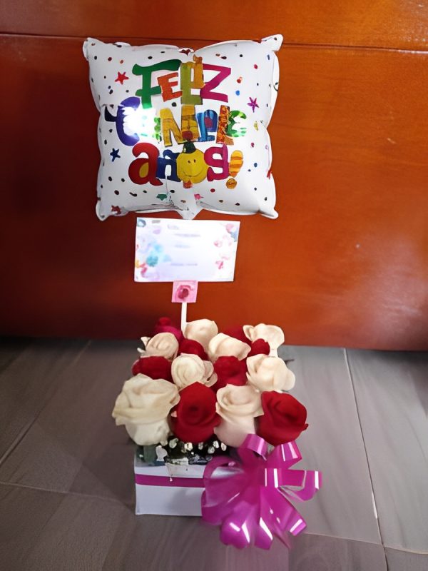 Caja por 16 rosas con globo R25